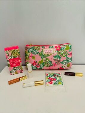 Lilly Pulitzer For Estee Lauder Pink & Green Floral Cosmetic Bag Set